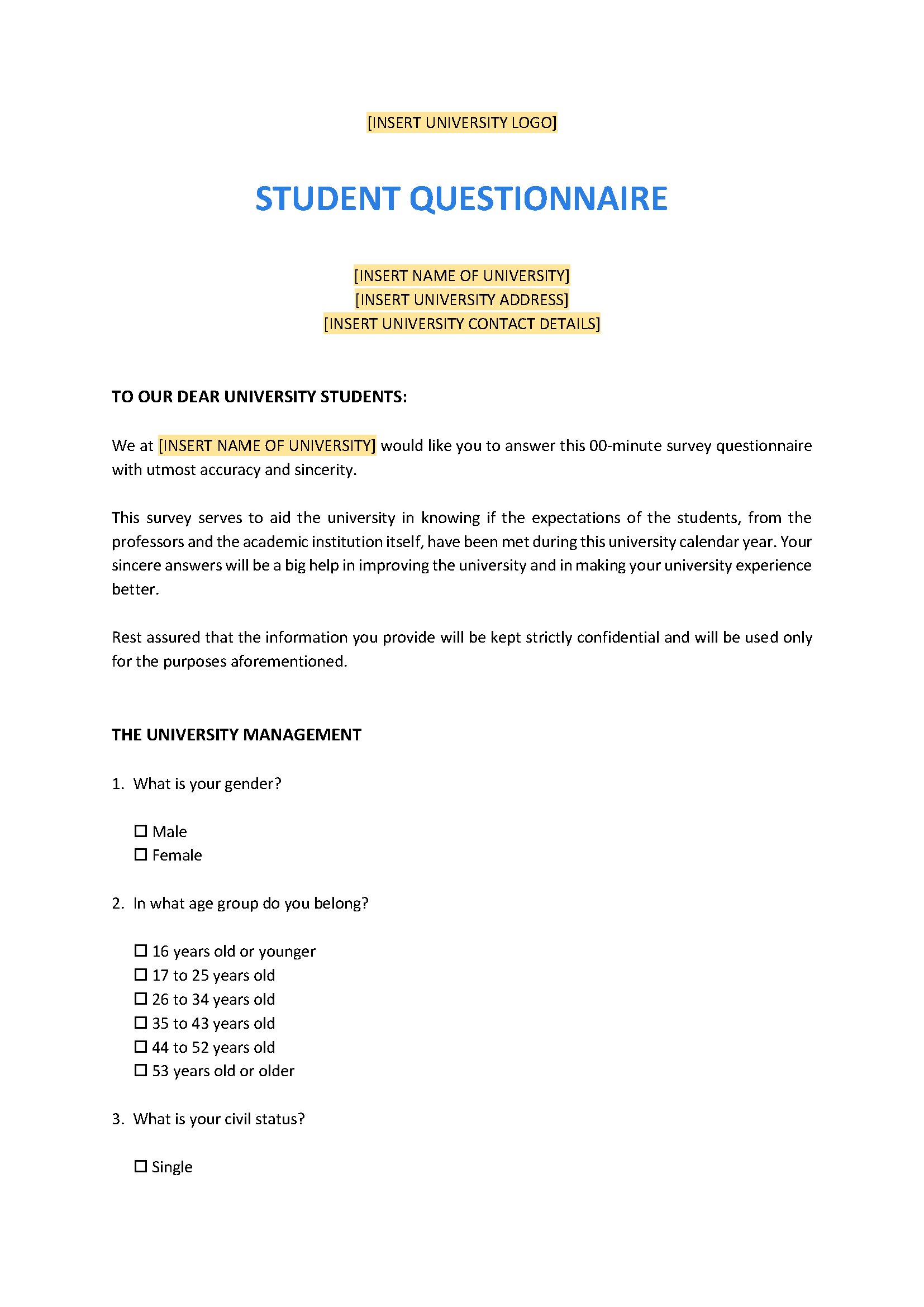 Student questionnaire template